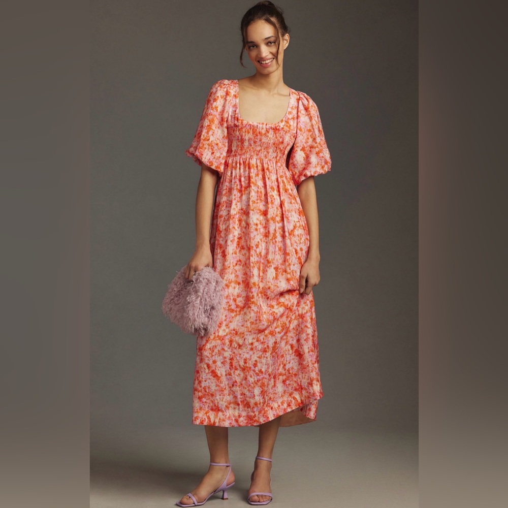 Floral Puff-Sleeve Midi Dress in Coral Pink